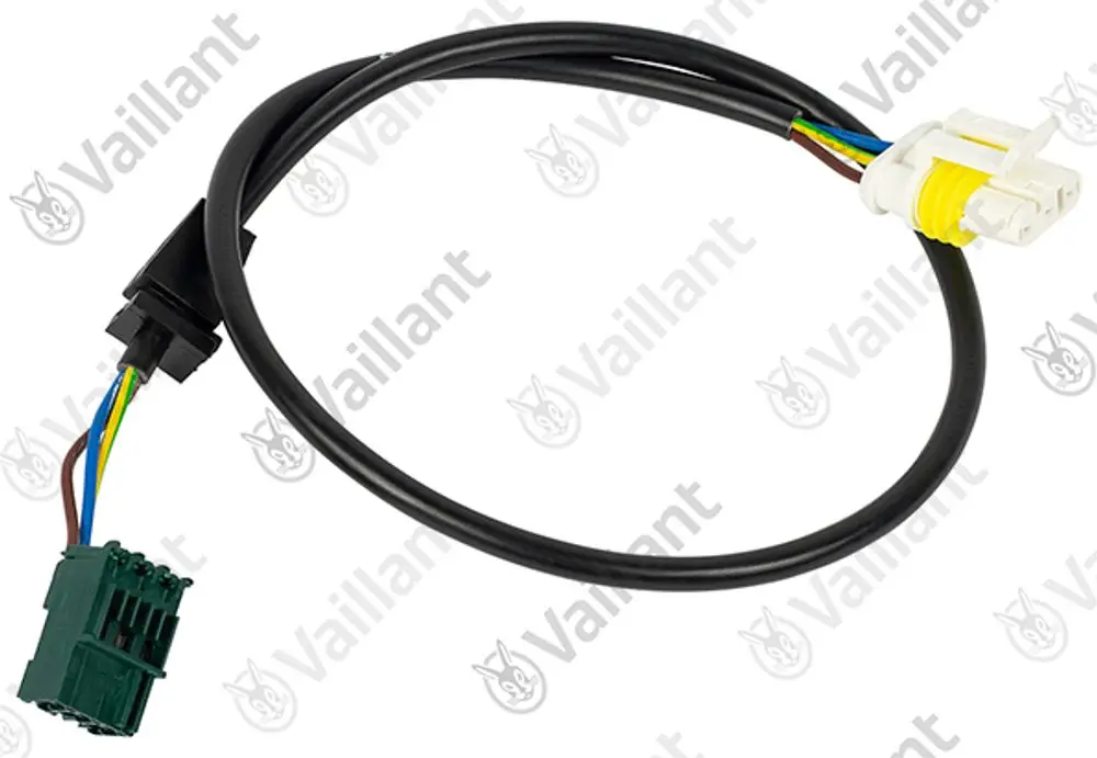 Vaillant Kabel mit zwei Steckverbindern, verbunden durch ein schwarzes Kabel. Die Steckverbindungen sind in verschiedenen Farben ausgeführt.